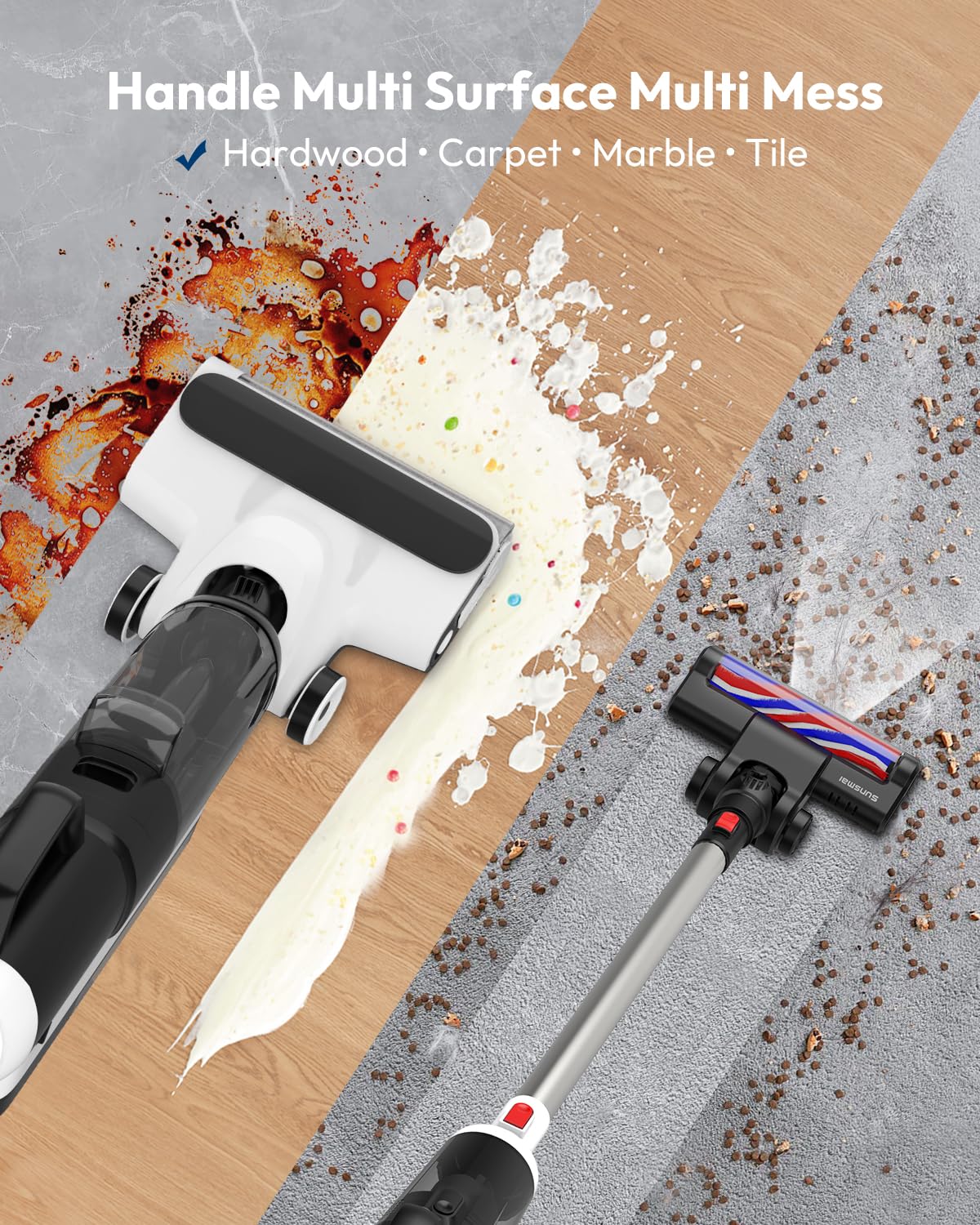 Two cleaning tools on a surface with text indicating multi-surface capability.