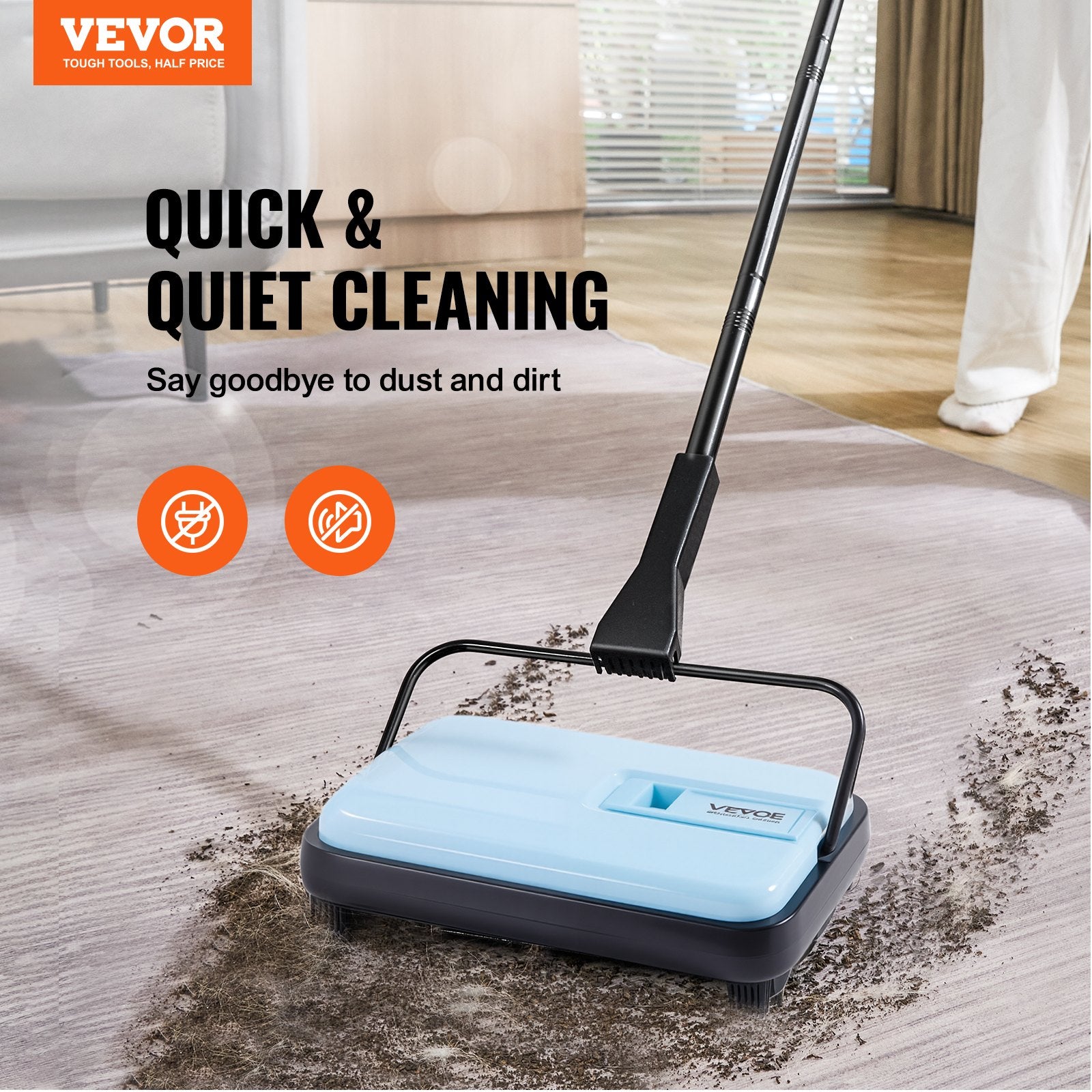 Cleaning tool cleaning a wooden floor with VEVOR branding and text about quick and quiet cleaning.