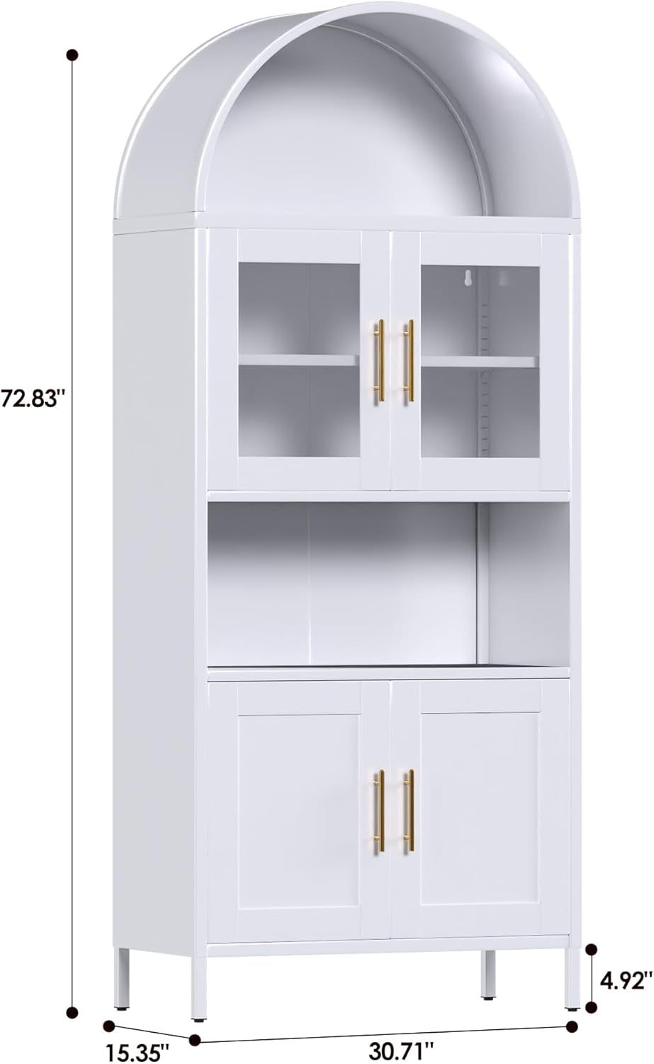73 In Tall Metal Arched Cabinet, Kitchen Pantry Cabinet With Glass Door, Modern Farmhouse Arched Bookcase With 2 Adjustable Shelves For Living Room, White, Assembly Required