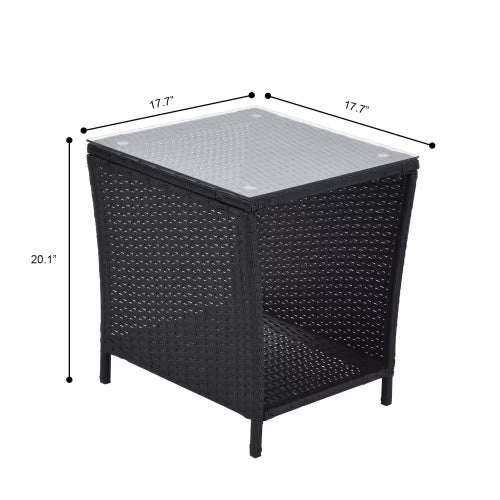 Outdoor Side Coffee Table With Storage Shelves, All-weather PE Rattan And Steel Frame Patio Furniture Square Frame, Garden Porch Bistro Table