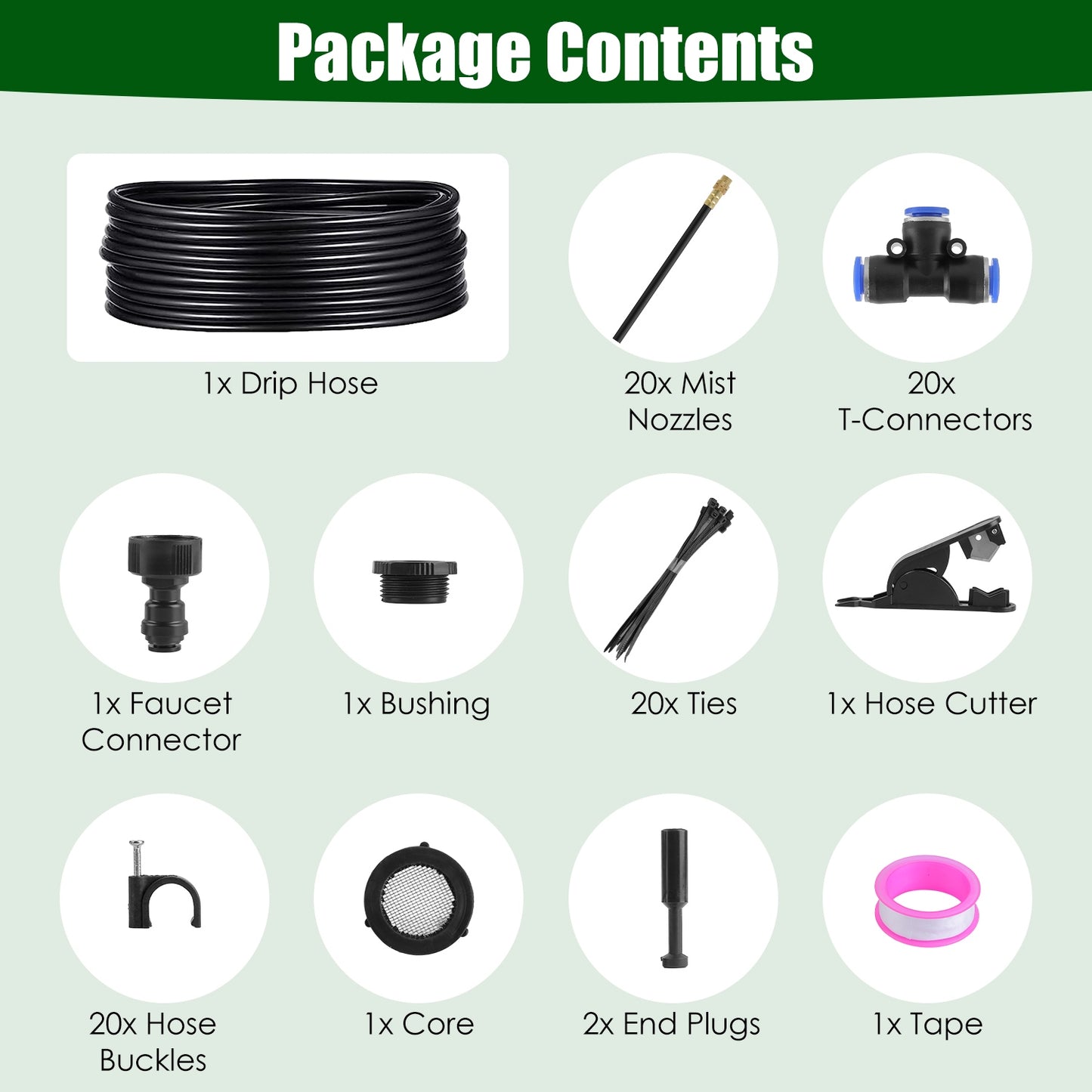 Package contents list with icons and text on a green background