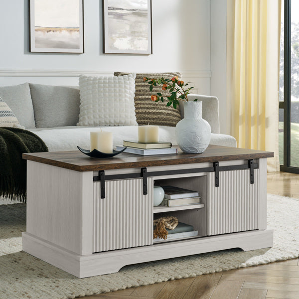 41.3 Inch Coffee Table With Storage And Sliding Wood Door, Farmhouse And Industrial Cocktail Table With Adjustable Shelves, Rectangular Rustic Living Room Table For Living Room Meeting Room