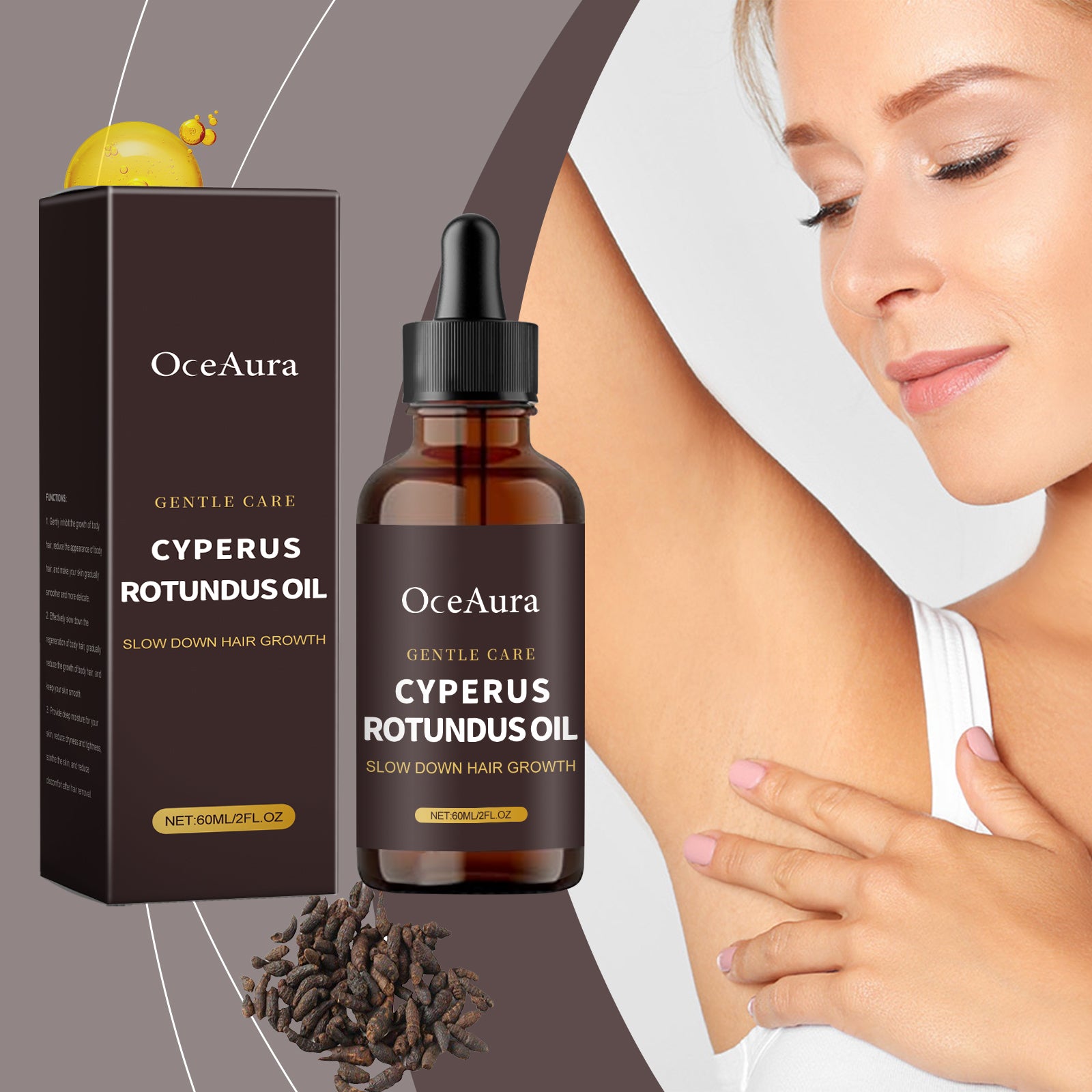 OceAura Cyperus Rotundus oil bottle and packaging with a woman touching her armpit.