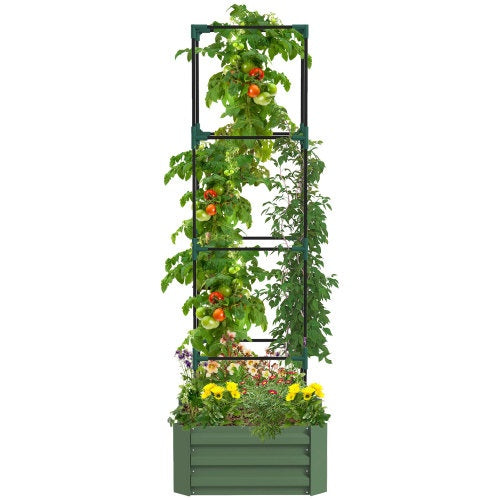 Outsunny Galvanized Raised Garden Bed, 24 X 24 X 11.75 Outdoor Planter Box With Trellis Tomato Cage And Open Bottom For Climbing Vines, Vegetables, Flowers In Backyard, Garden, Patio, Green