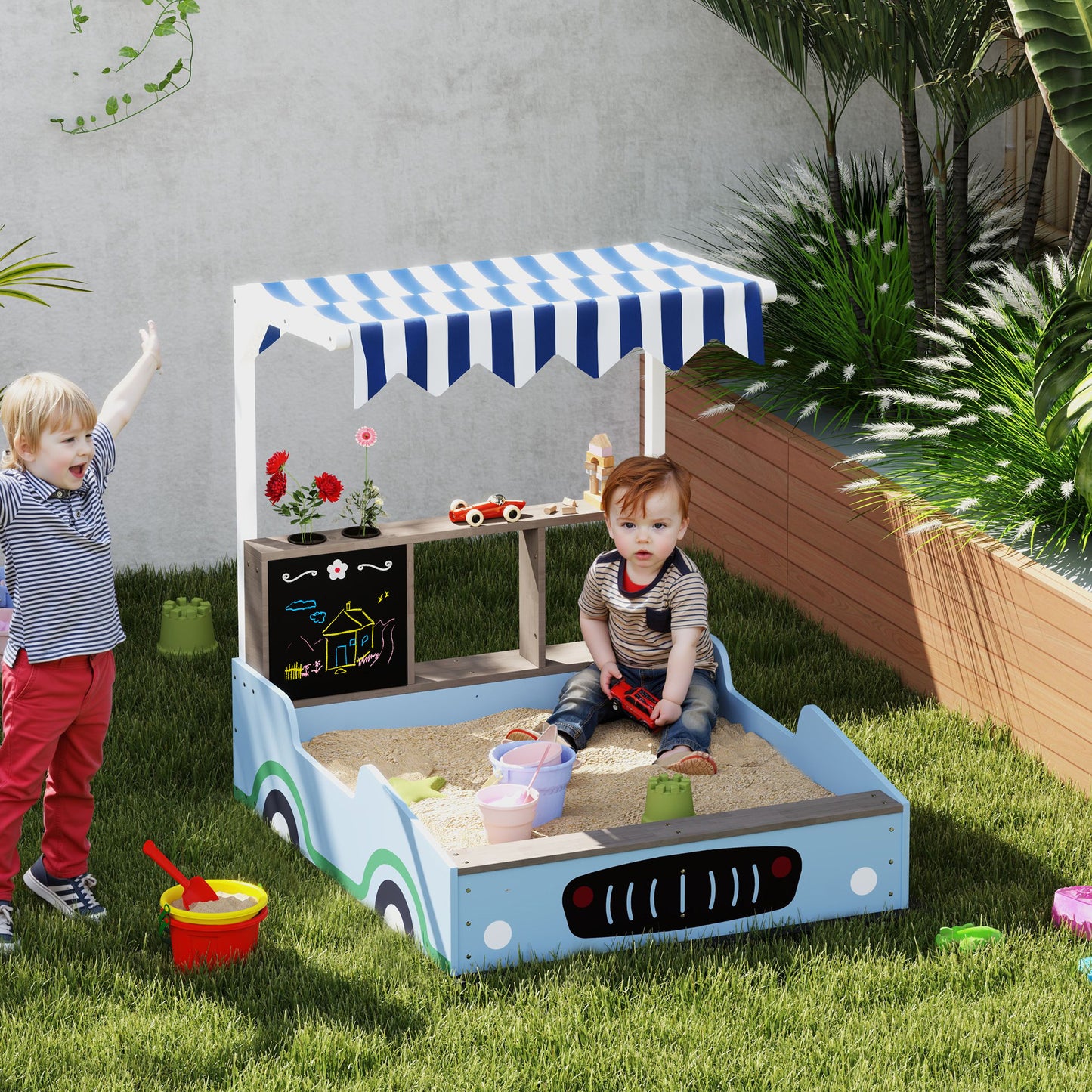 Kids Wooden Sandbox With Canopy With Bench Seats, Bottom Liner, Drawing Board, Planting Boxes For Backyard, Garden, Blue