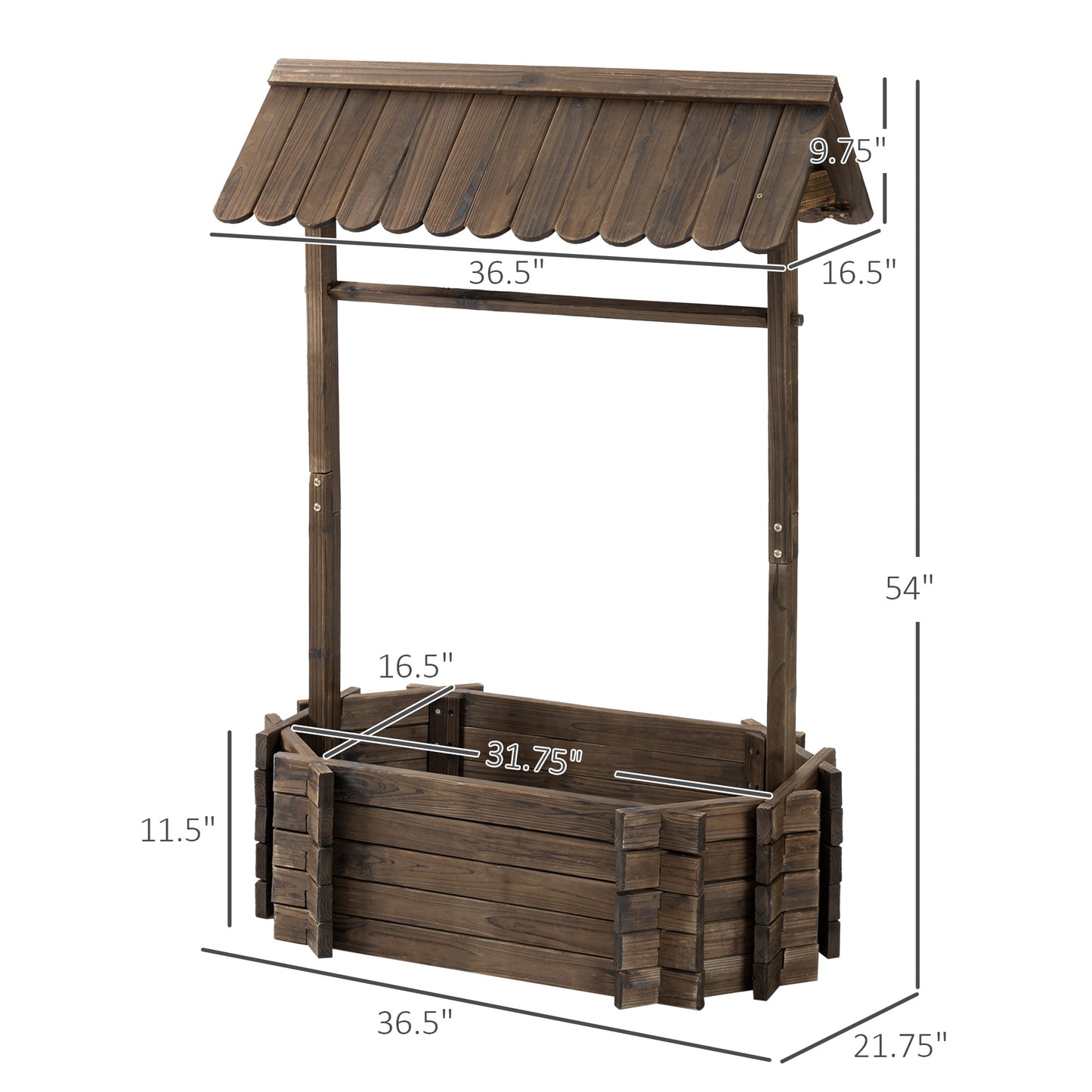 Wooden wishing well planter with dimensions on a white background