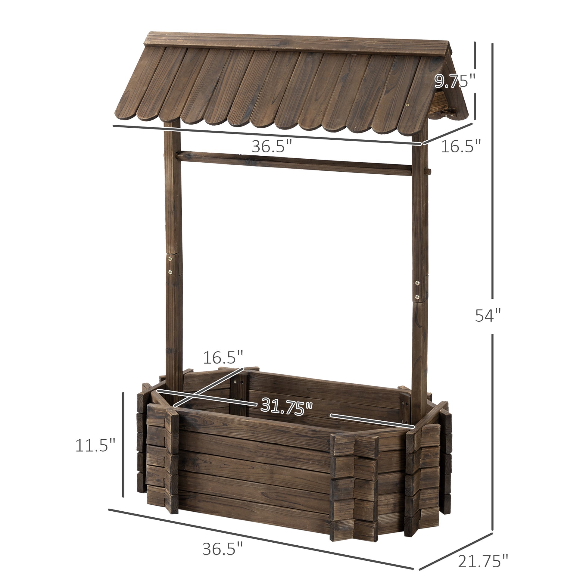 Wooden wishing well planter with dimensions on a white background