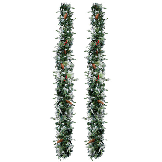 2 Pack 9FT Pre-lit Snow Flocked Christmas Garland, Lighted Artificial Xmas Garland With 200 Warm Lights And 440 Tips And Red Berries, For Front Door Gate Wall Xmas Party Decorations, Snowy Green