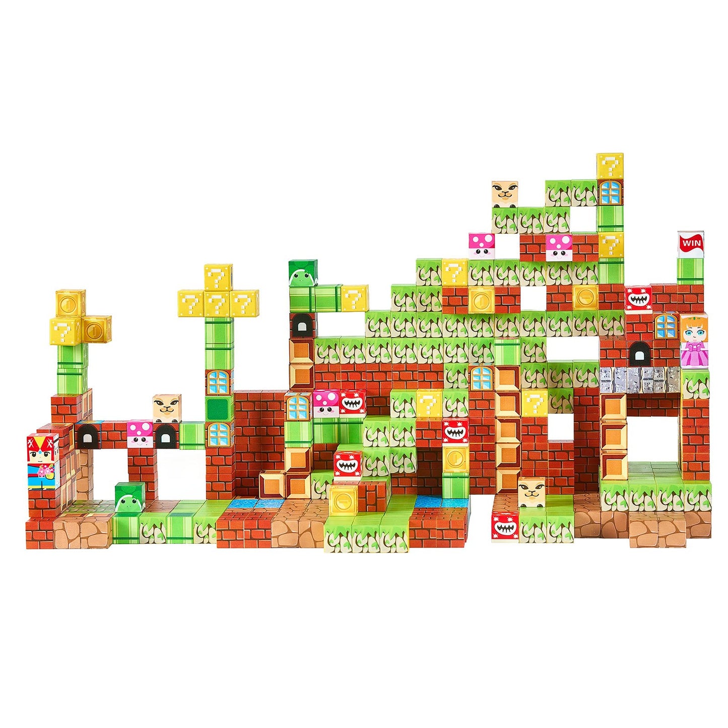 Toy building block set designed like a video game level on a white background