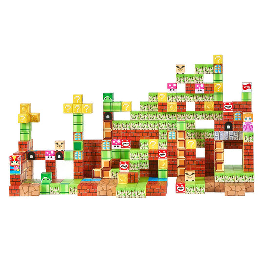 Toy building block set designed like a video game level on a white background