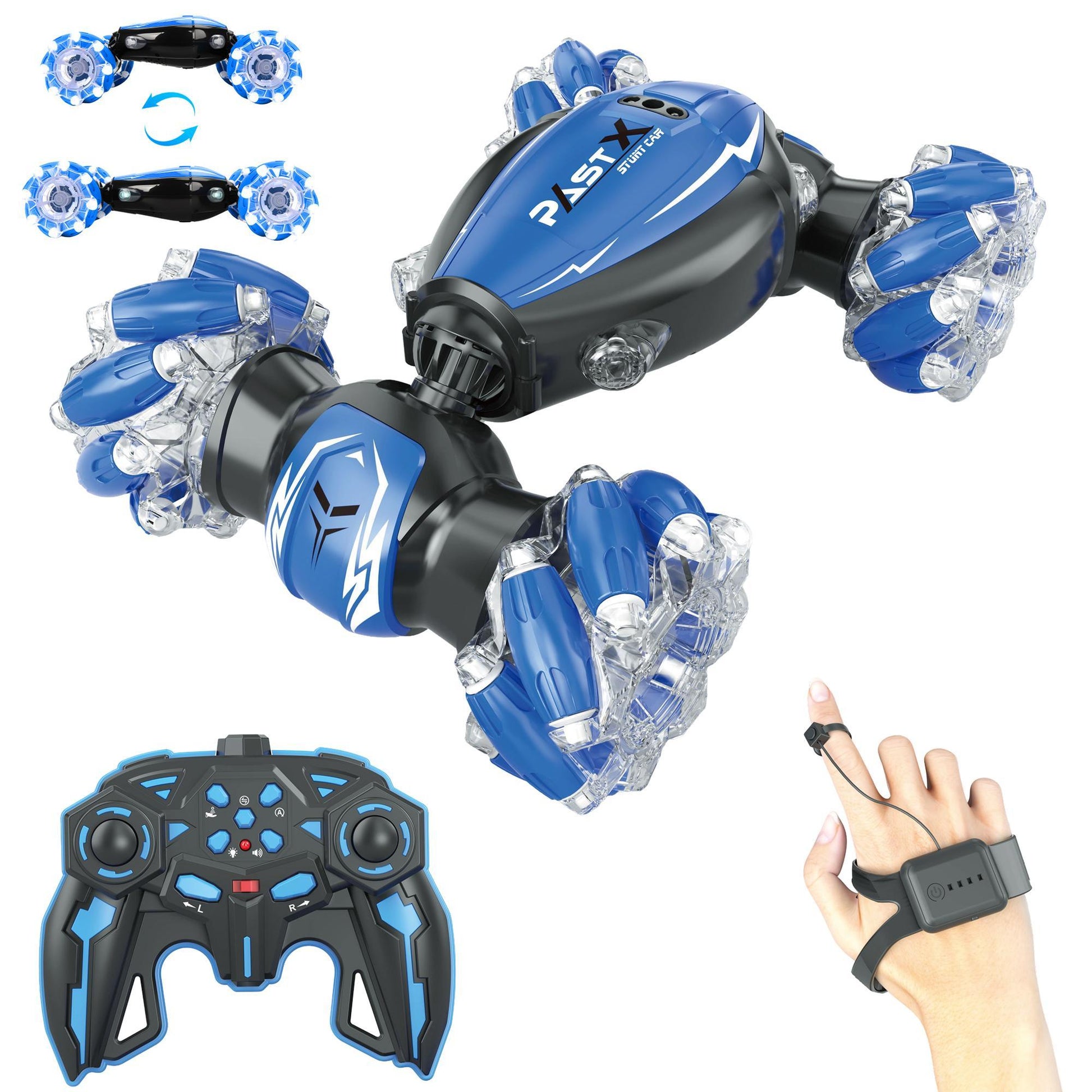 Toy robot arm with remote control and wrist strap on a white background