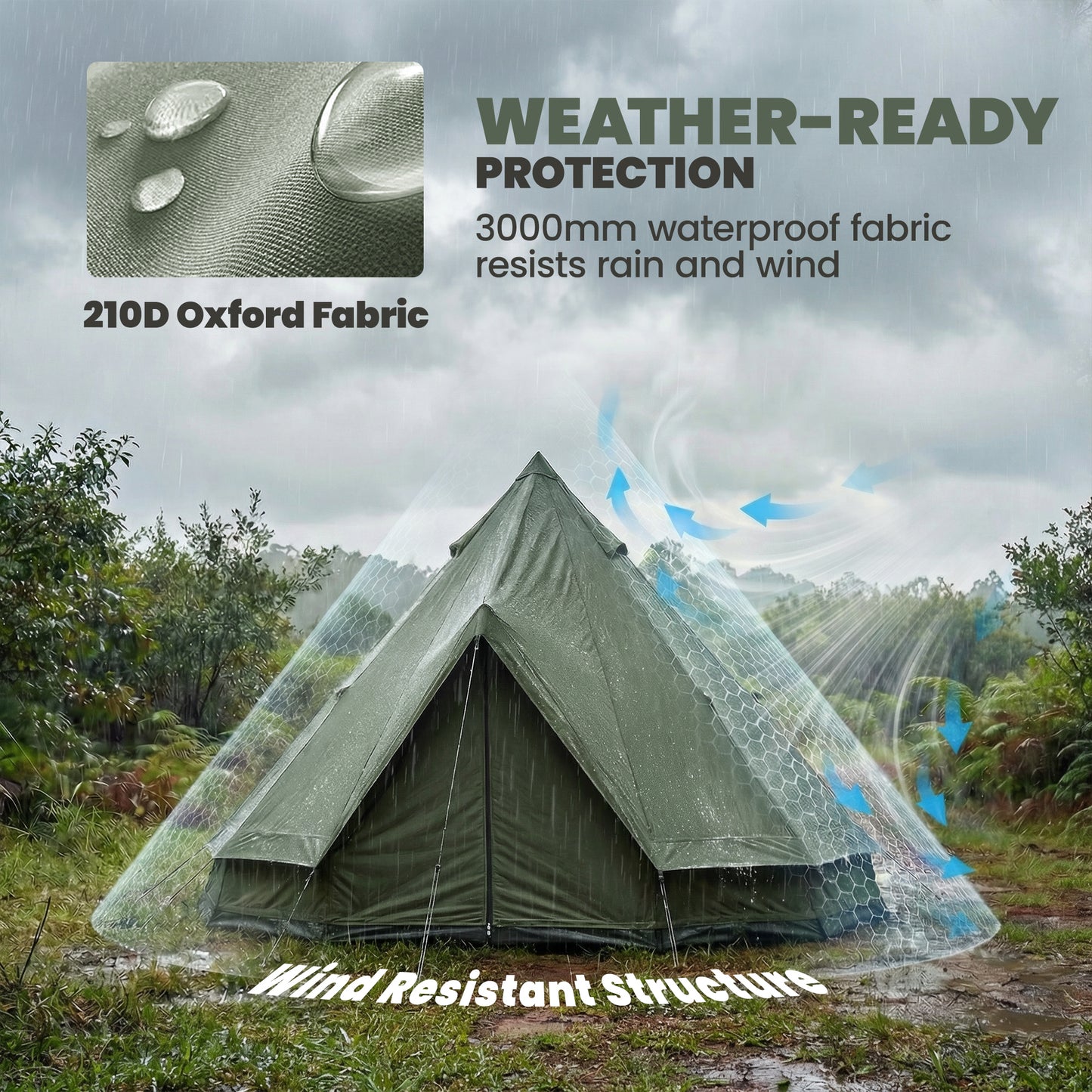 Green camping tent with weather protection features on a cloudy day