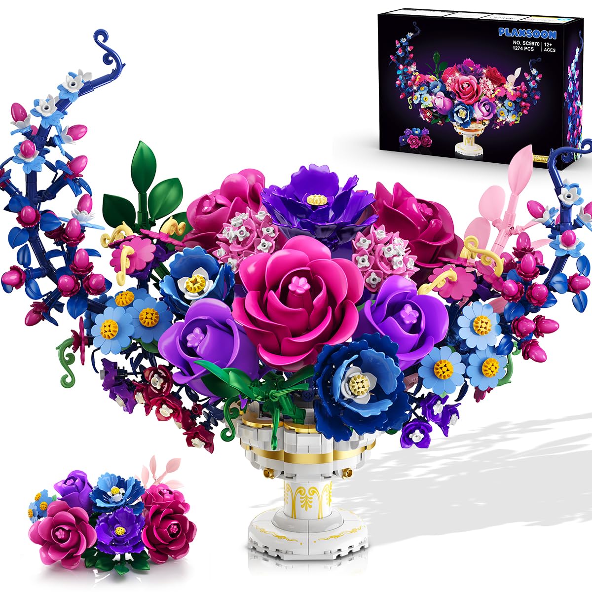 Colorful flower bouquet made of building blocks with a box in the background