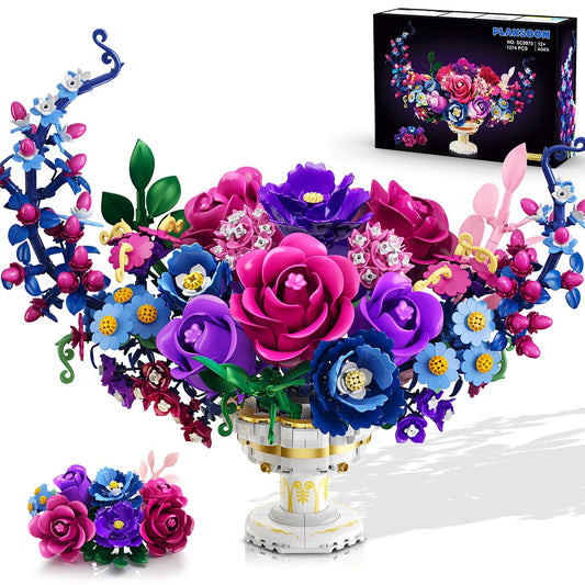 Colorful flower bouquet made of building blocks with a box in the background