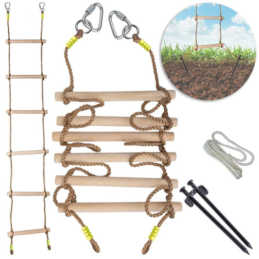 Wooden Rope Ladder For Kids With Ground Anchoring Lenght 2m Width 40cm Outdoor Or Indoor Climbing Rope Ladder For Ninja Slackline Backyard Playground Home Gym Park Treehouse