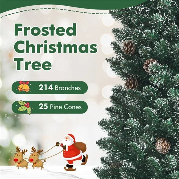5FT Green Artificial Christmas Tree - 214 Lush Tips, 25 Realistic Pine Cones, Foldable Metal Stand