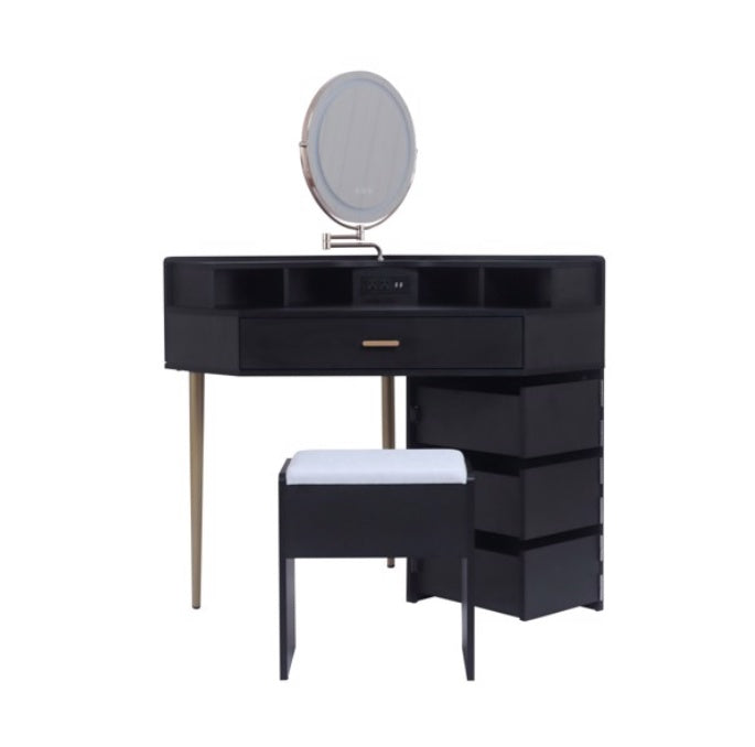 Black Dressing Table Stool Set, Movable Mirror, Tri Color Illuminated Mirror, Four Drawers, With Socket