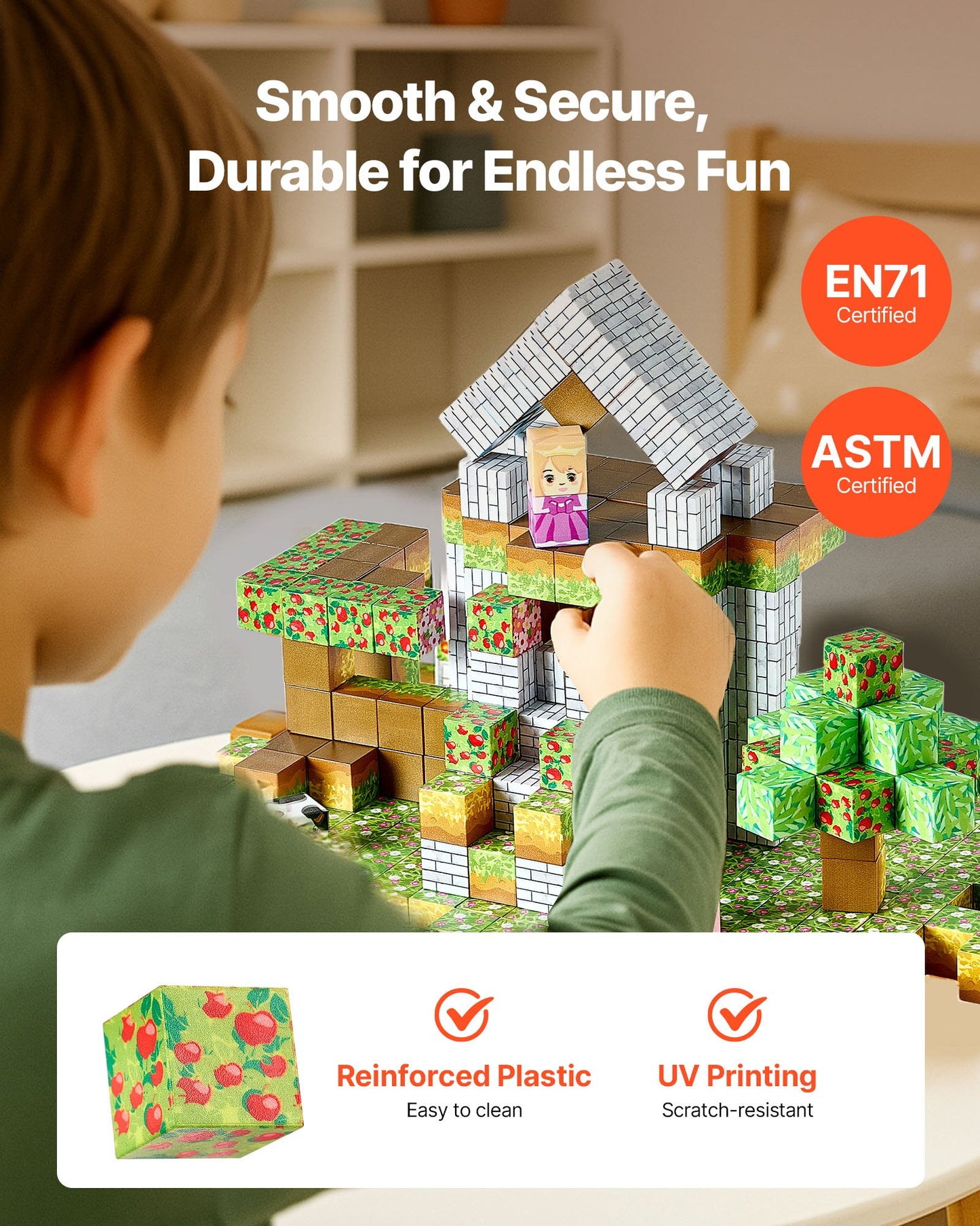 Child playing with a toy building set on a table, with certification logos and product features displayed.