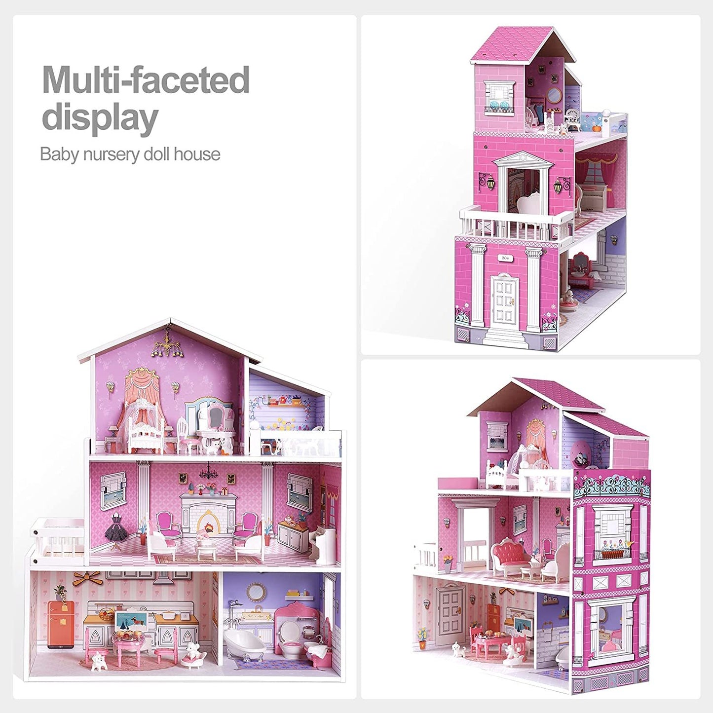 ROBOTIME 3 Levels Wooden Dollhouse  Furniture Dreamhouse Girls Mansion Gift