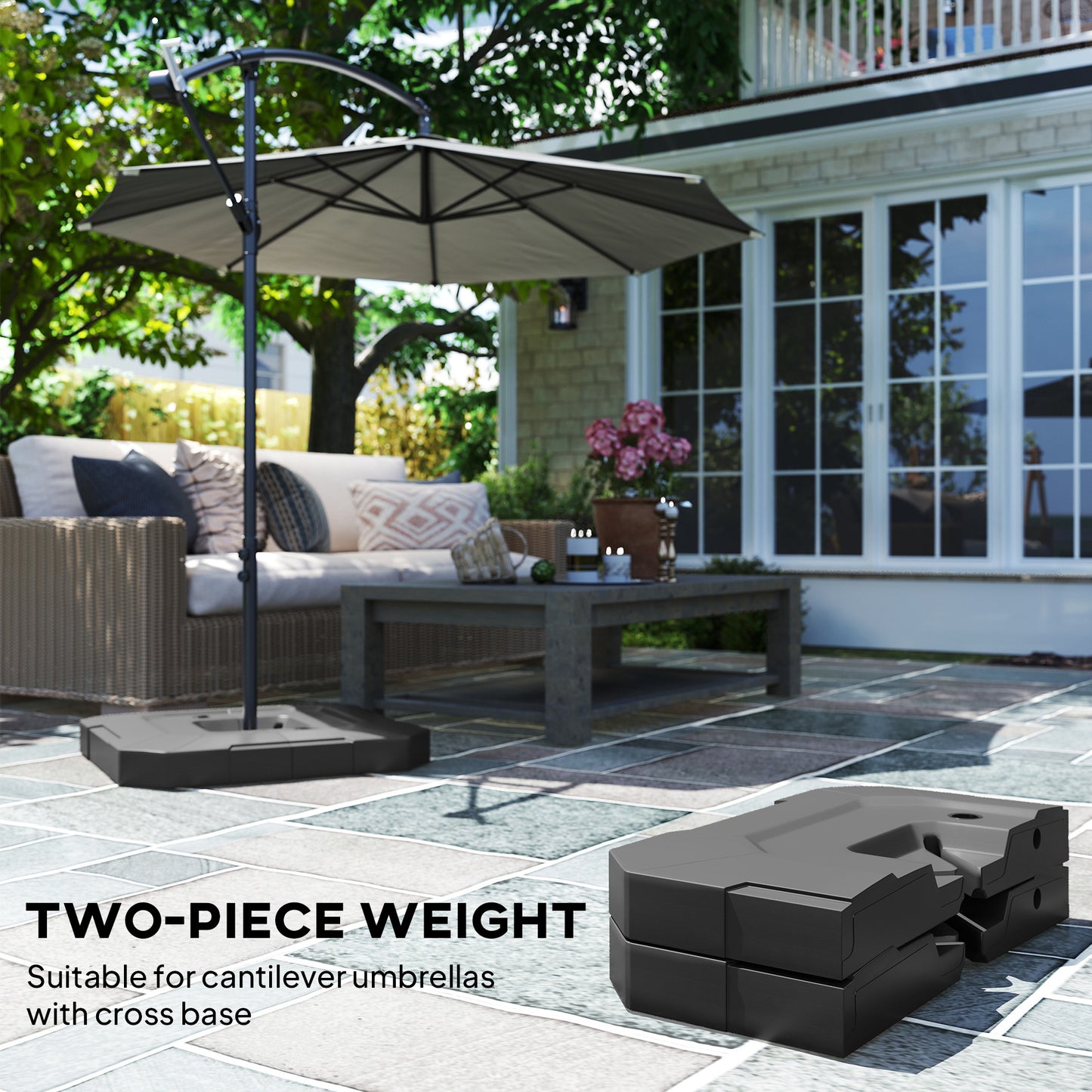 Outdoor patio setup with a cantilever umbrella and two-piece weight system.