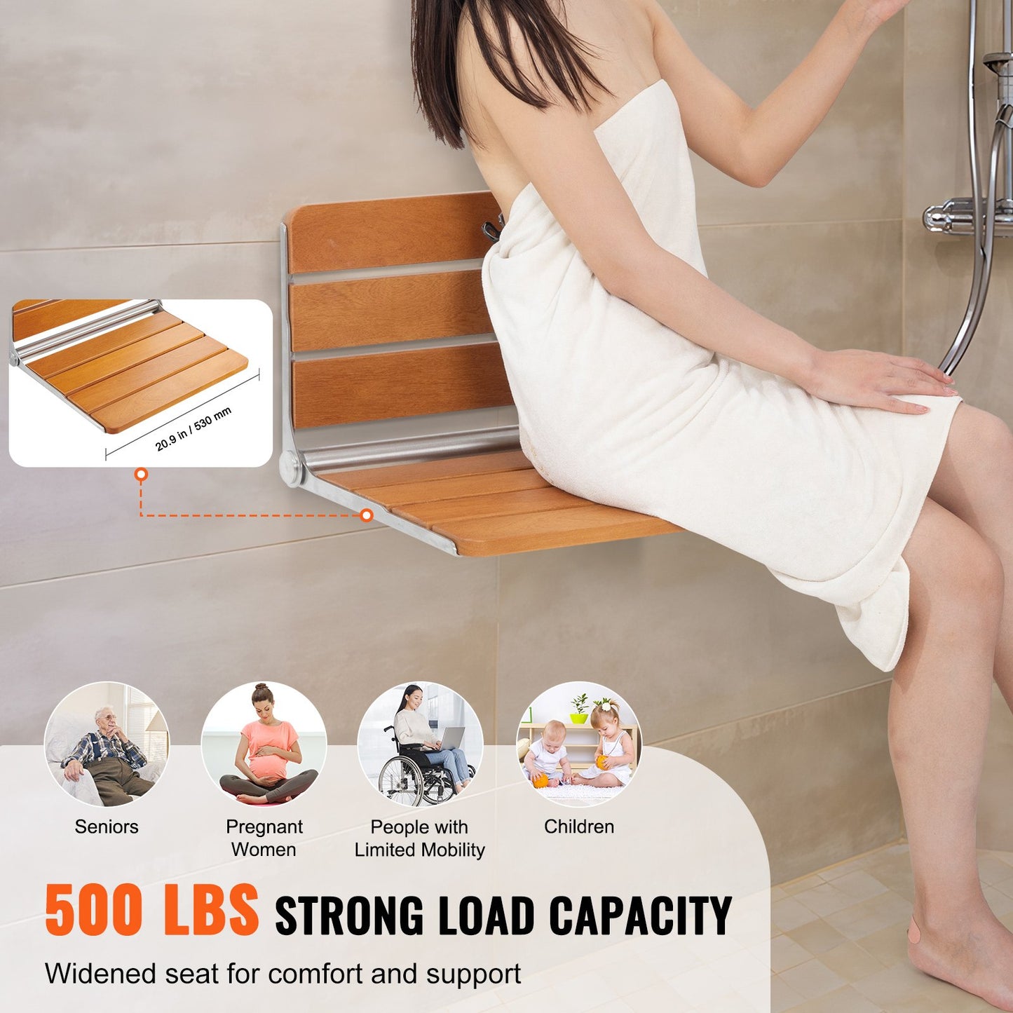 Folding Teak Shower Seat, 20.9 X 16'' Unfolded, Wall Mounted Fold Up Shower Bench With 500 Lbs Load Capacity, Space Saving Home Care Fold Down Shower Chair, For Seniors Pregnant Women Children