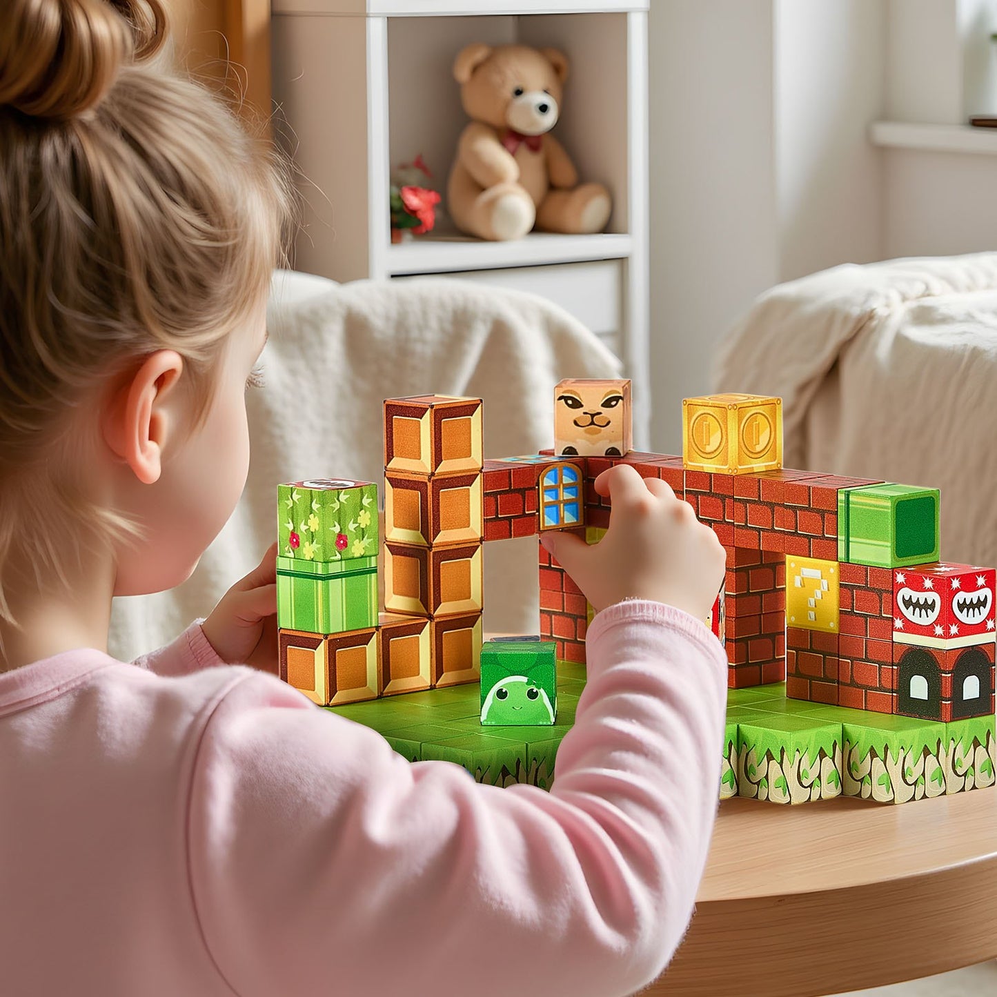 Child playing with a toy block set resembling a video game level.