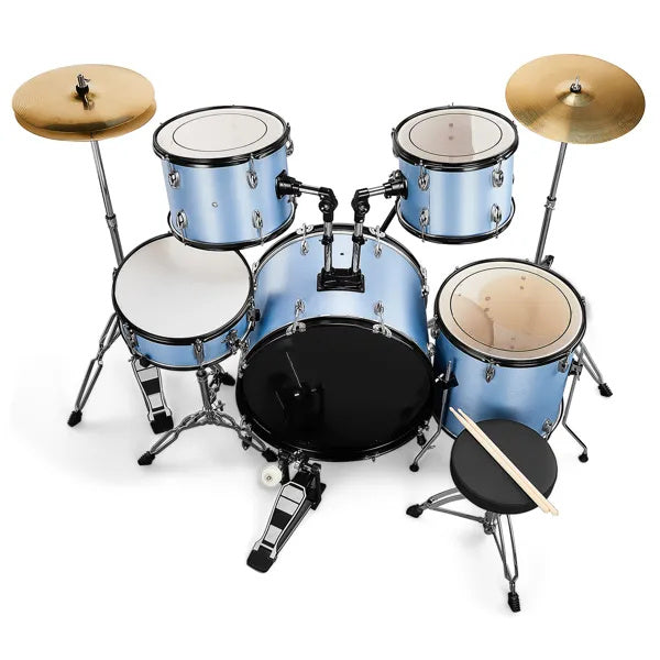 Full Size AdultDrum Set 5-Piece Blue With Bass Drum, Two Tom Drum, Snare Drum, Floor Tom, Stool, Drum Pedal, Sticks