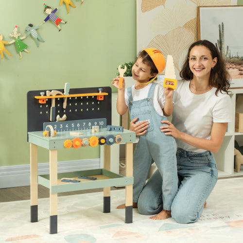 Qaba Kids Wooden Tool Bench, 49 Piece Kids Workbench Playset, Pretend Play Toy Construction Tool Set For Toddlers Age 3-6 Years, Light Blue