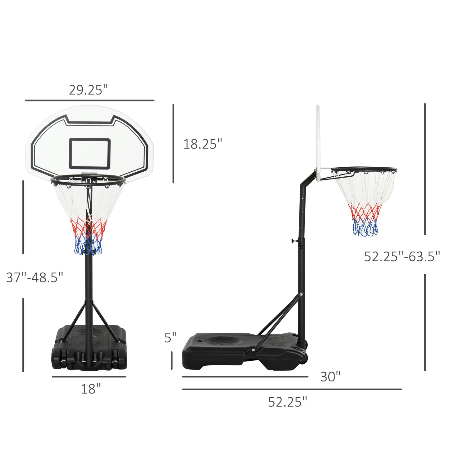 Basketball hoop with adjustable stand and dimensions on a white background