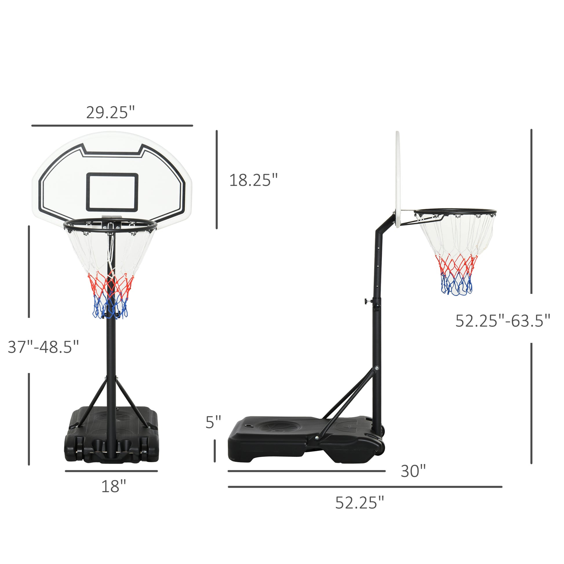 Basketball hoop with adjustable stand and dimensions on a white background