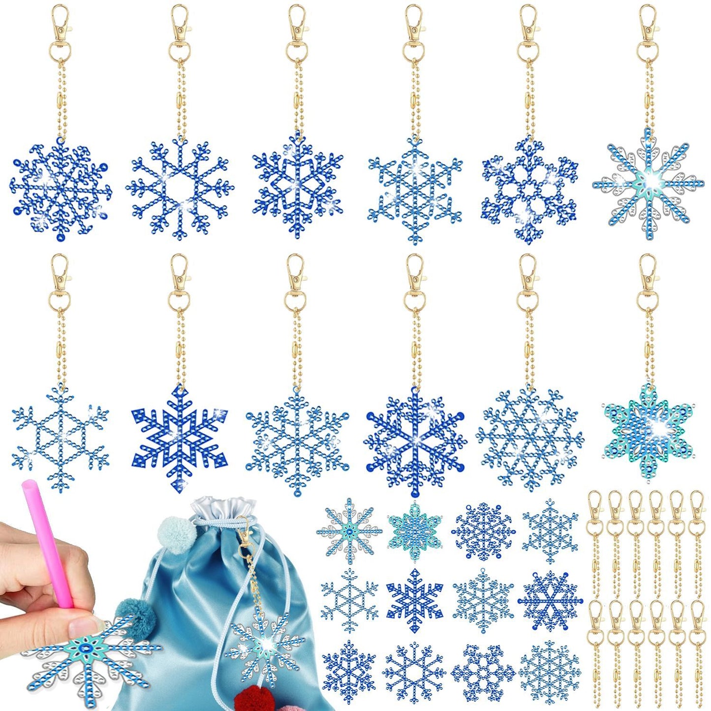 12 Packs Snowflake Rhinestones Painting Keychain Kits 12 Styles Snowflake Pendants DIY 5D Rhinestones Art Hanging Ornament For Xmas Tree Unique Double Sided Craft Party Favor Supplies