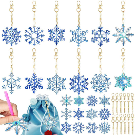 12 Packs Snowflake Rhinestones Painting Keychain Kits 12 Styles Snowflake Pendants DIY 5D Rhinestones Art Hanging Ornament For Xmas Tree Unique Double Sided Craft Party Favor Supplies