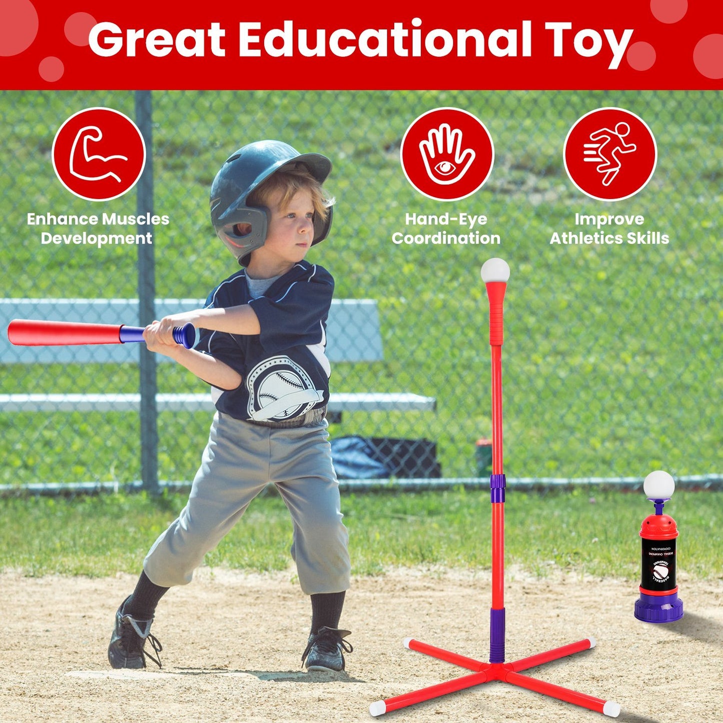 1Set 3 In 1 Baseball Toy Set For 3 To 5Years Old Kids And Toddlers Includes Tee Ball Stand Hanging Tee Automatic Ball Launcher With Adjustable Height For Indoor Outdoor Play Perfect Gift