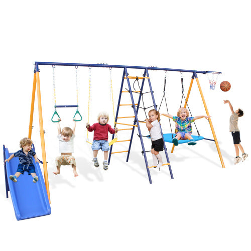 500 Lbs 7 In 1 Swing Set For Kids  Outdoor A Frame Heavy  Metal Swing Sets With Slide  2 Swing Seats 1 Climbing Net   Ladder 1 Gym Ring 1 Basket