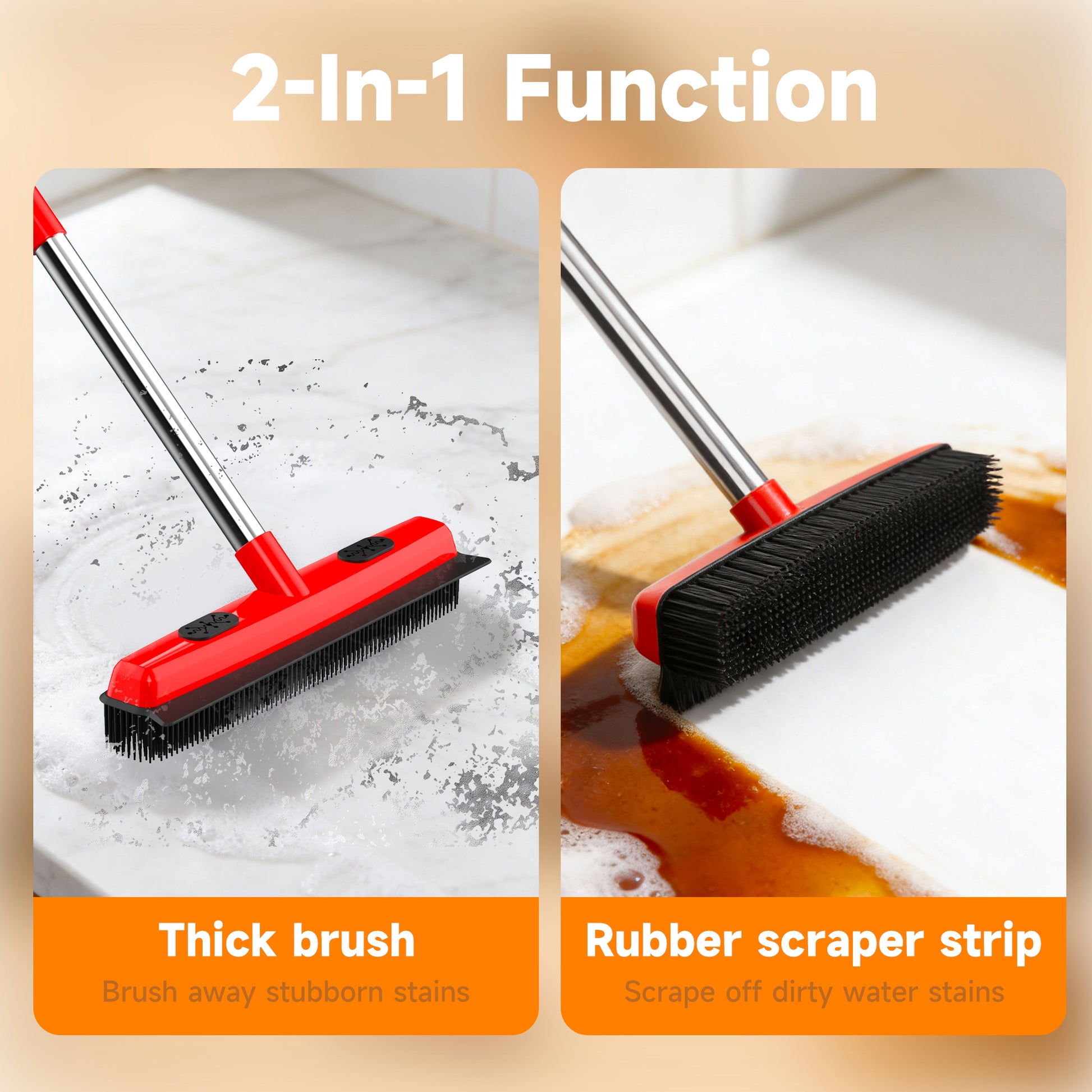 Cleaning tool with thick brush and rubber scraper strip on a beige background