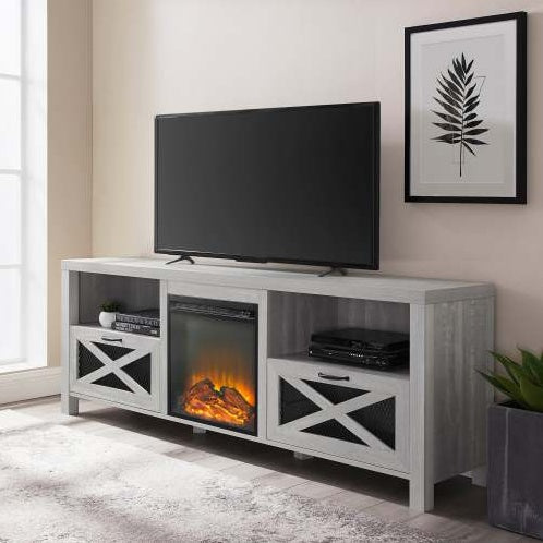 Industrial Farmhouse Metal Mesh Drop-Down X-Door  Fireplace TV Stand For TVs - Stone Grey