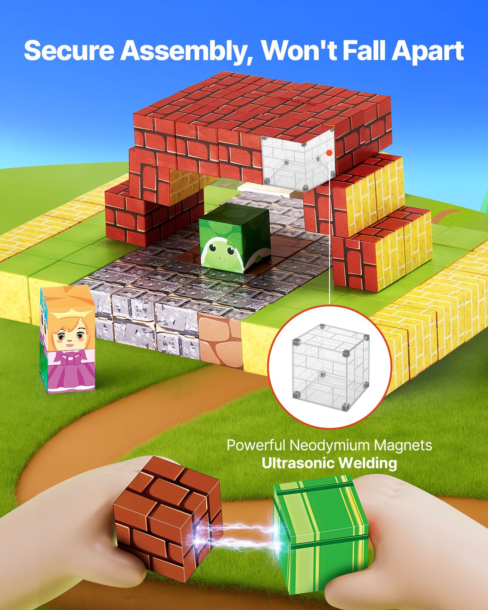Toy construction set with magnetic and ultrasonic welding features, showing a secure assembly.