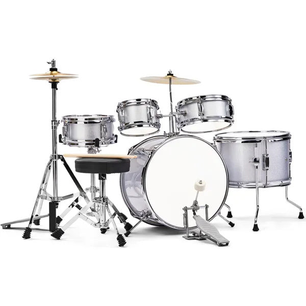 5-Pieces Junior Kids Drum Set Kit Pedal Drum Stick Wrench Drum Stool Silver