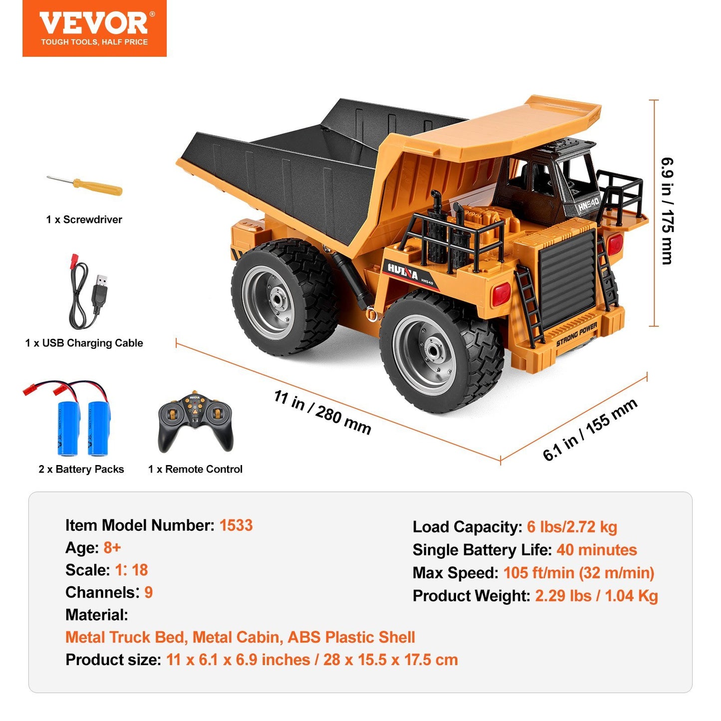 VEVOR RC Remote Control Dump Truck Toy Construction Vehicle Toy 9CH  Scale