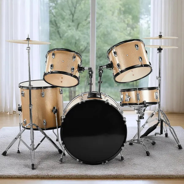 Full Size AdultDrum Set 5-Piece Champagne With Bass Drum, Two Tom Drum, Snare Drum, Floor Tom, Stool, Drum Pedal, Sticks