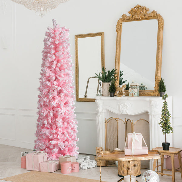 7.5 FT Snow Flocked Hinged Christmas Tree, Artificial Pencil Christmas Tree, Unlit Artificial Christmas Pine Tree With 641 Branch Tips And Sturdy Stand, Pink