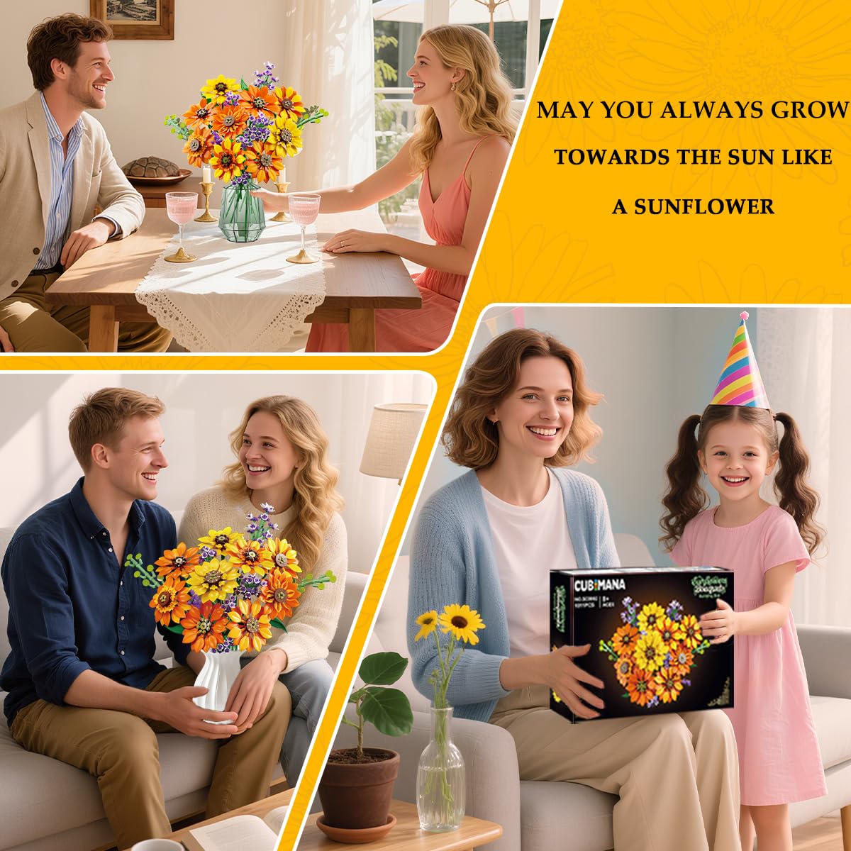 Collage of a couple at a table with flowers, a woman holding a child and a book, and a couple sitting on a couch with flowers.
