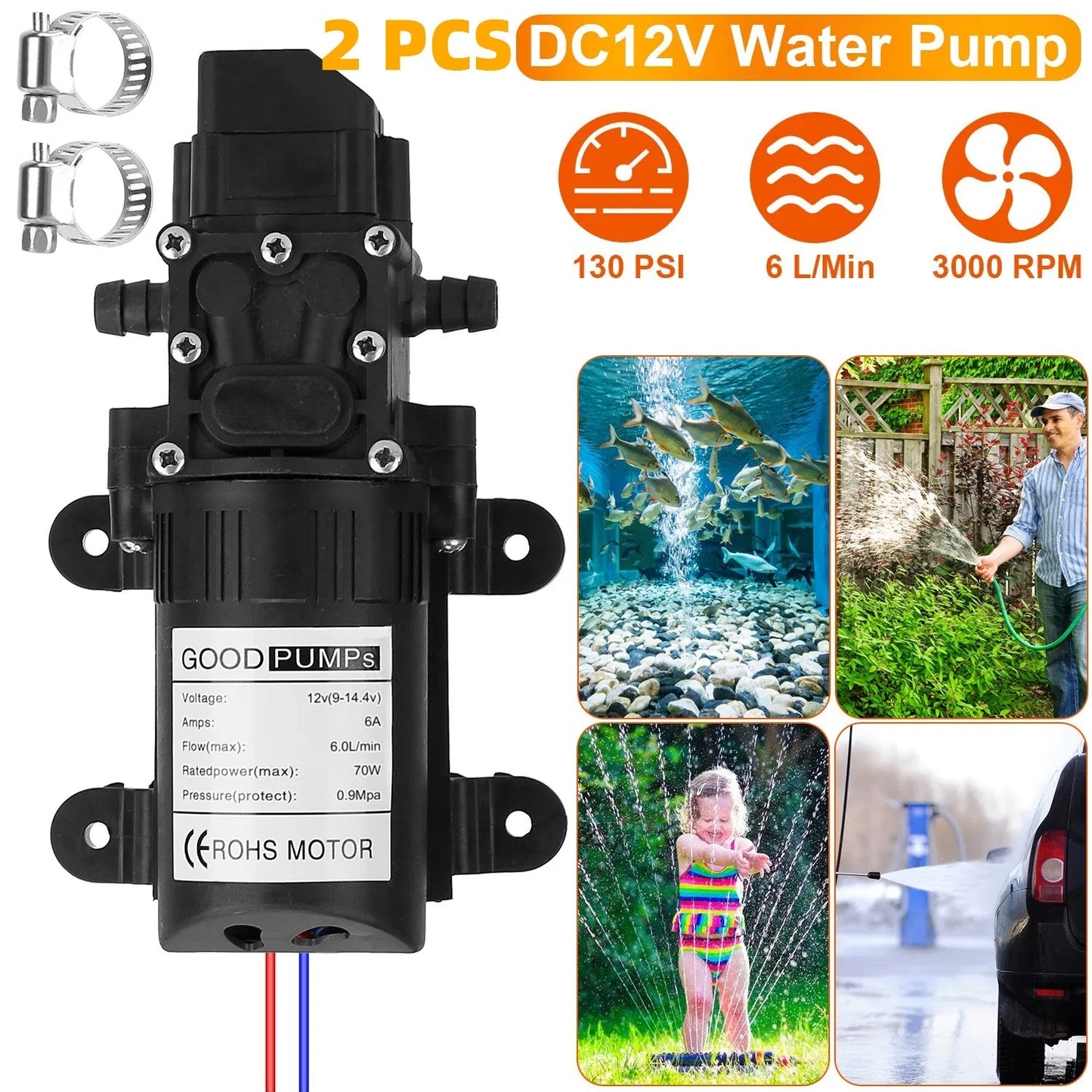 12V Water With 2 Hose Clamps 130PSI Self Priming Sprayer 70W Electric Diaphragm Water 6L Min For RV Camper Marine Boat