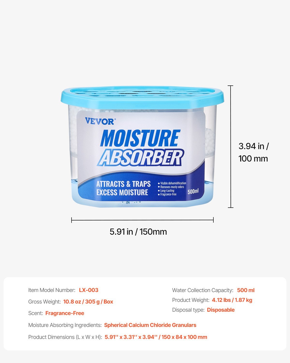 VEVOR Moisture Absorber Boxes, 10.8 Oz Humidity Absorber Boxes 6 Packs , Fragrance Free Dehumidifier Attracts Extra Moisture From Your Bathroom, Closet, And Kitchen