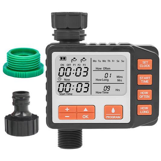 Digital irrigation timer with attachments on a white background