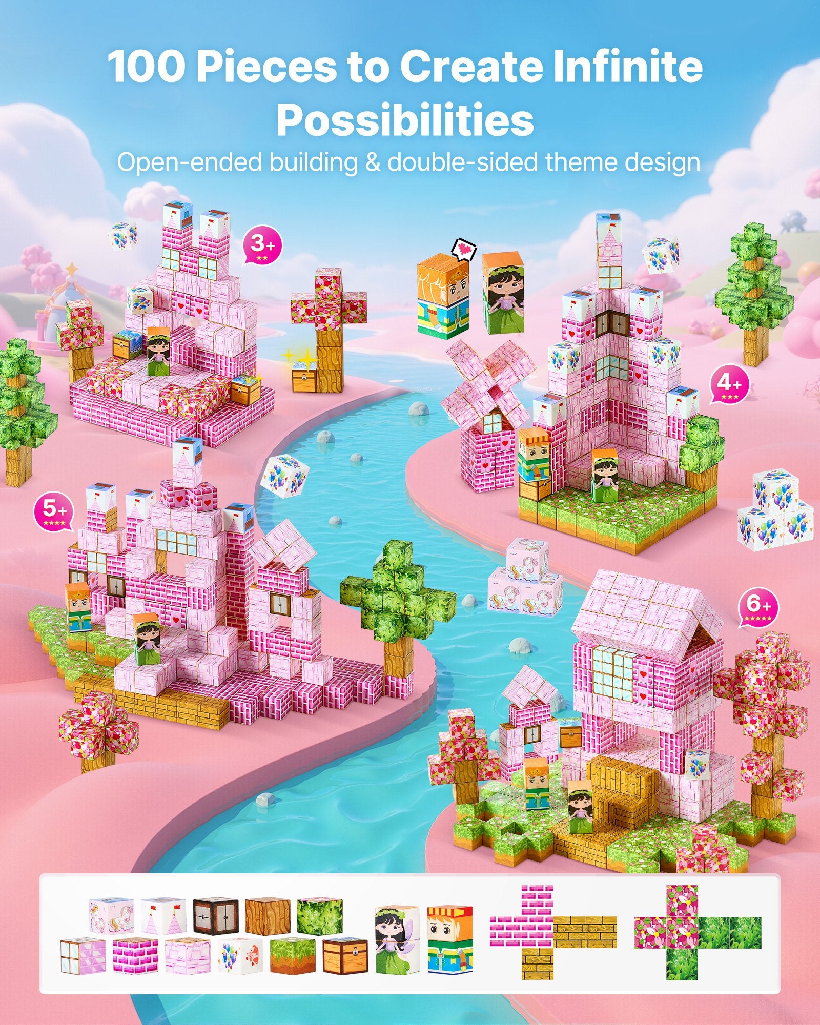Building block set with pink castle and green trees on a blue sky background