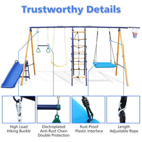 500 Lbs 7 In 1 Swing Set For Kids  Outdoor A Frame Heavy  Metal Swing Sets With Slide  2 Swing Seats 1 Climbing Net   Ladder 1 Gym Ring 1 Basket