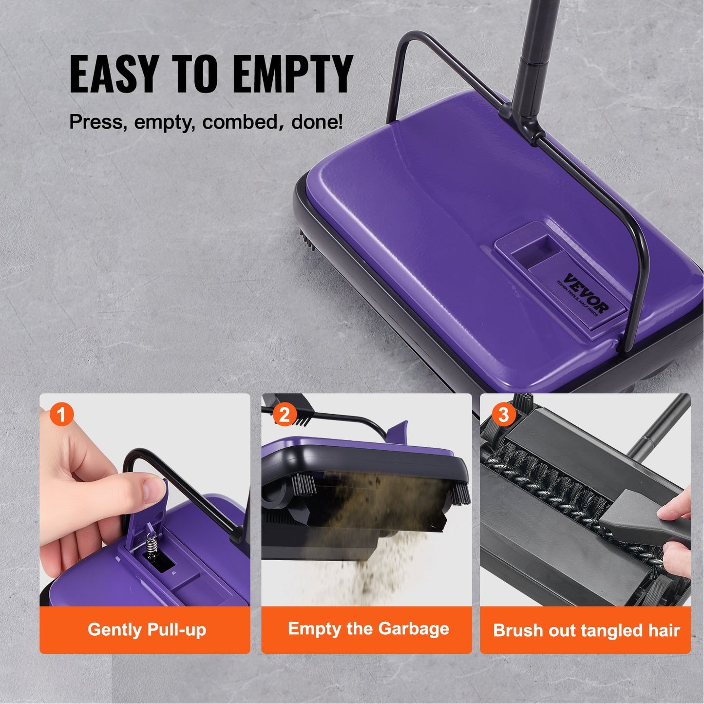 Purple pet grooming tool with instructions on how to use it, including 'Gently Pull-up', 'Empty the Garbage', and 'Brush out tangled hair'.