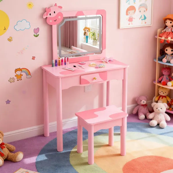Pink MDF + Solid Wood Legs, Spray Paint + Silkscreen Printing, Cow Pattern, 1-drawer Children's Dressing Table Set, LED Three-color Backlit Touch Switch