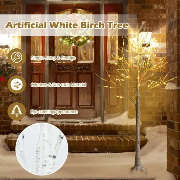 White 5FT LED Birch Tree - Lifelike Bark 72 Lights Flexible Branches 7.2ft Cord For Christmas